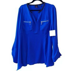 New Rafaella Blue with Leather Trim Detail Blouse - Size L